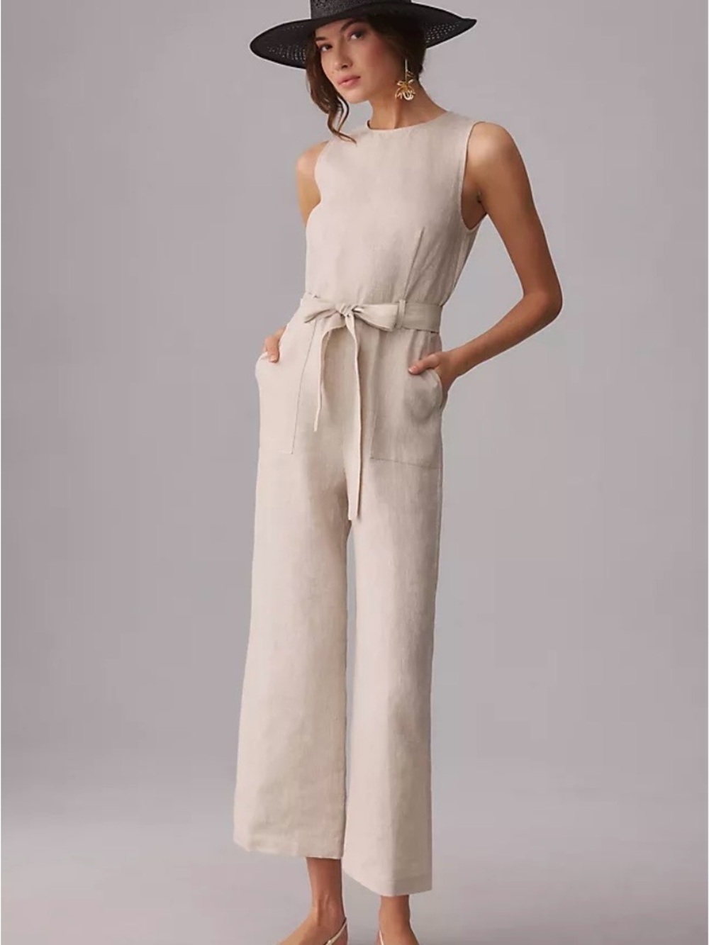 Reformation Size 10 Sleeveless Belted Wide-Leg Jumpsuit in Oatmeal Pockets